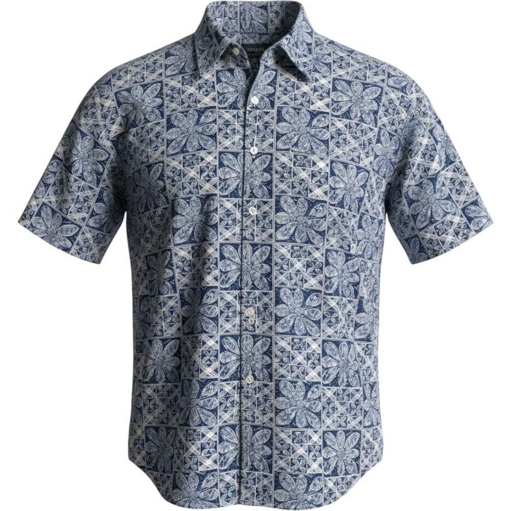 Tommy‎ Hilfiger Button Down Sz L Blue Floral Geometric Short Sleeve Shirt Aloha
